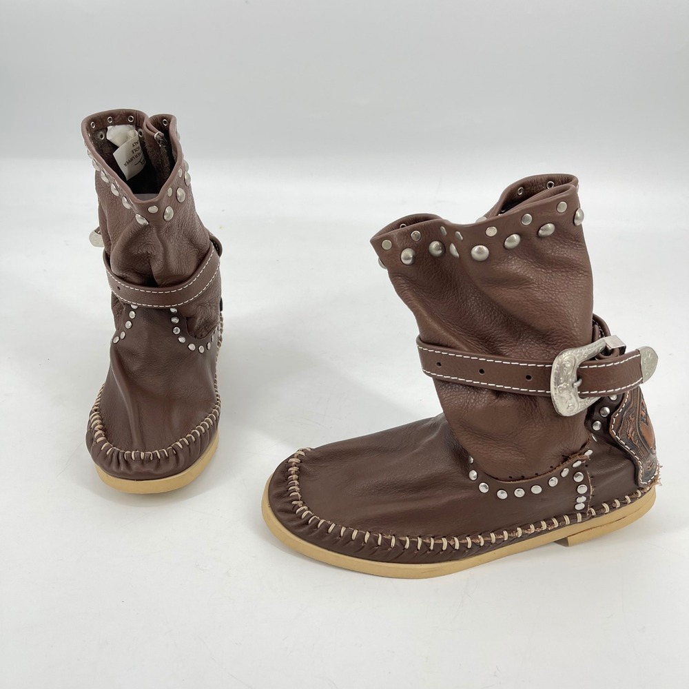 Hector Riccione Leather Moc‎ Toe Boots Studded Buckle Boho Womens Size 7 Western